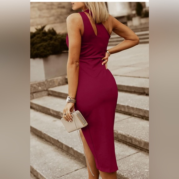 ZESICA Cut Out One Shoulder High Slit Ruched Wrap Maxi Dress Size Small Wine Red - Picture 2 of 5